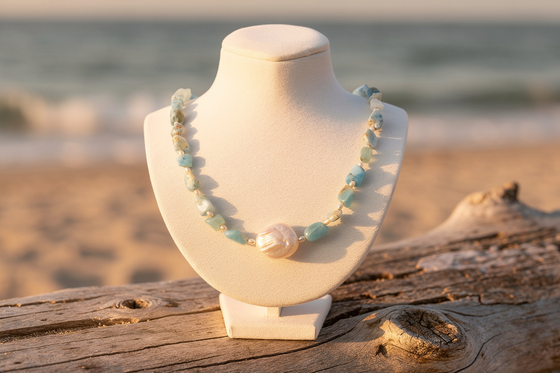 Larimar and Coin Pearl Beaded Necklace: Sterling Silver, Lobster Clasp, Adjustable Chain