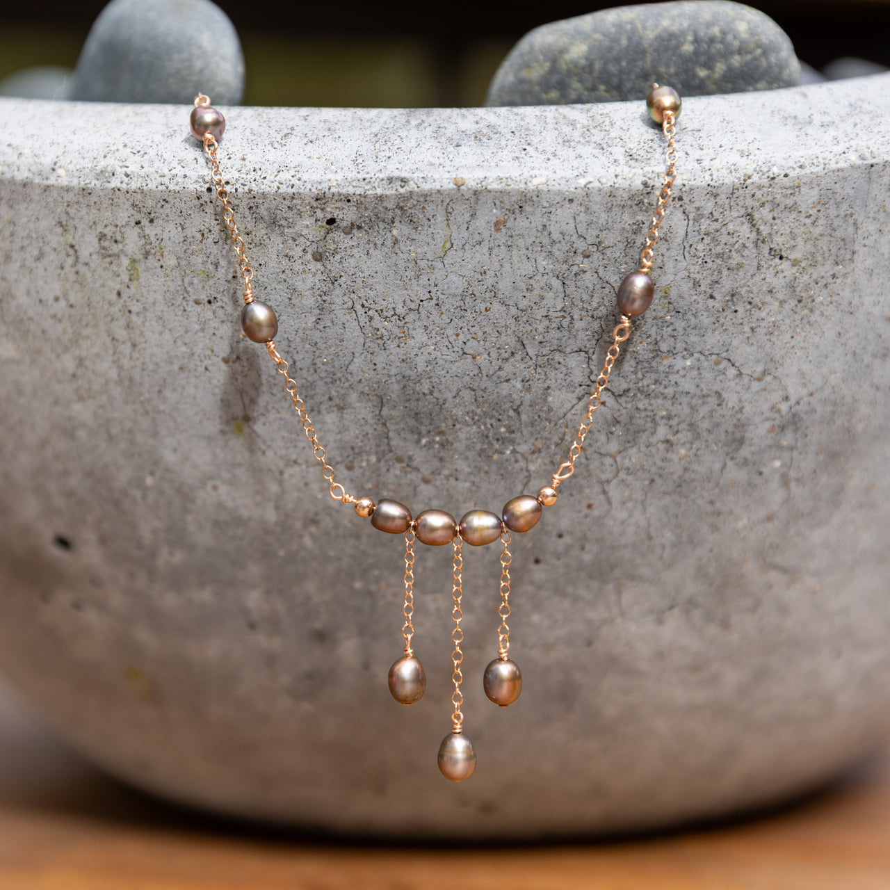 14k Rose Gold Filled Bronze Pearl Boho Statement Necklace