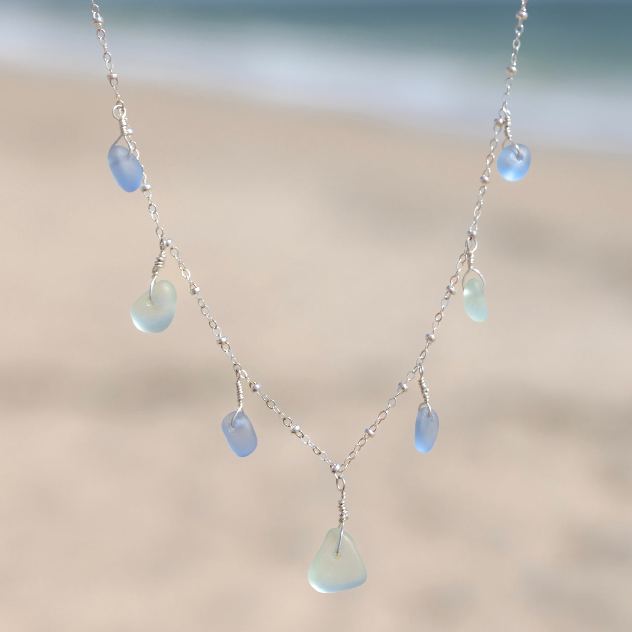 7 Charm Aqua Blue and Cornflower Blue Sea Glass Necklace