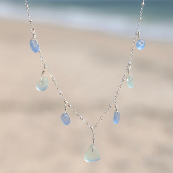 7 Charm Aqua Blue and Cornflower Blue Sea Glass Necklace