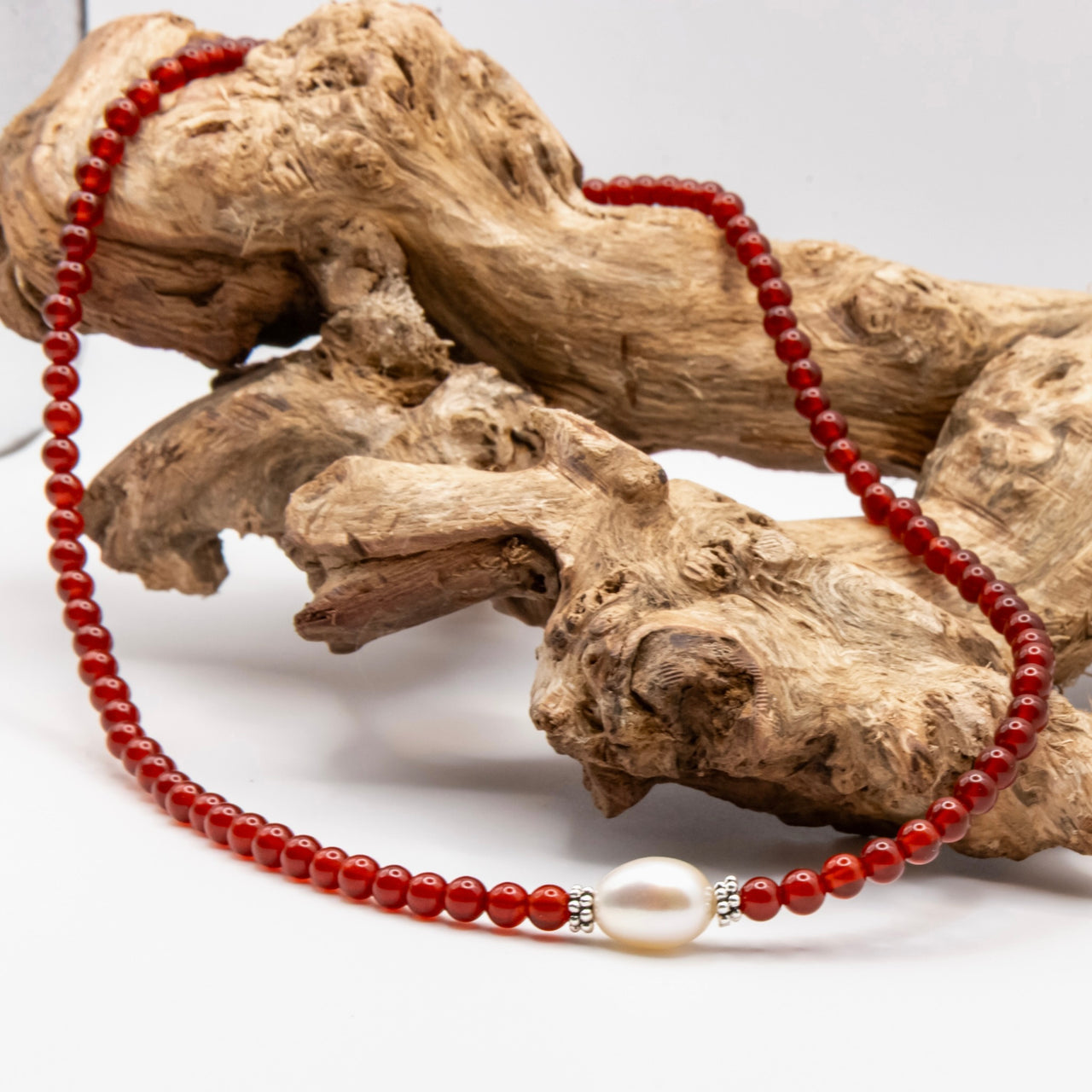 Carnelien and Baroque Pearl Beaded Necklace: Sterling Silver, Lobster Clasp, Adjustable Chain