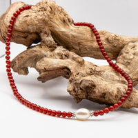 Carnelien and Baroque Pearl Beaded Necklace: Sterling Silver, Lobster Clasp, Adjustable Chain