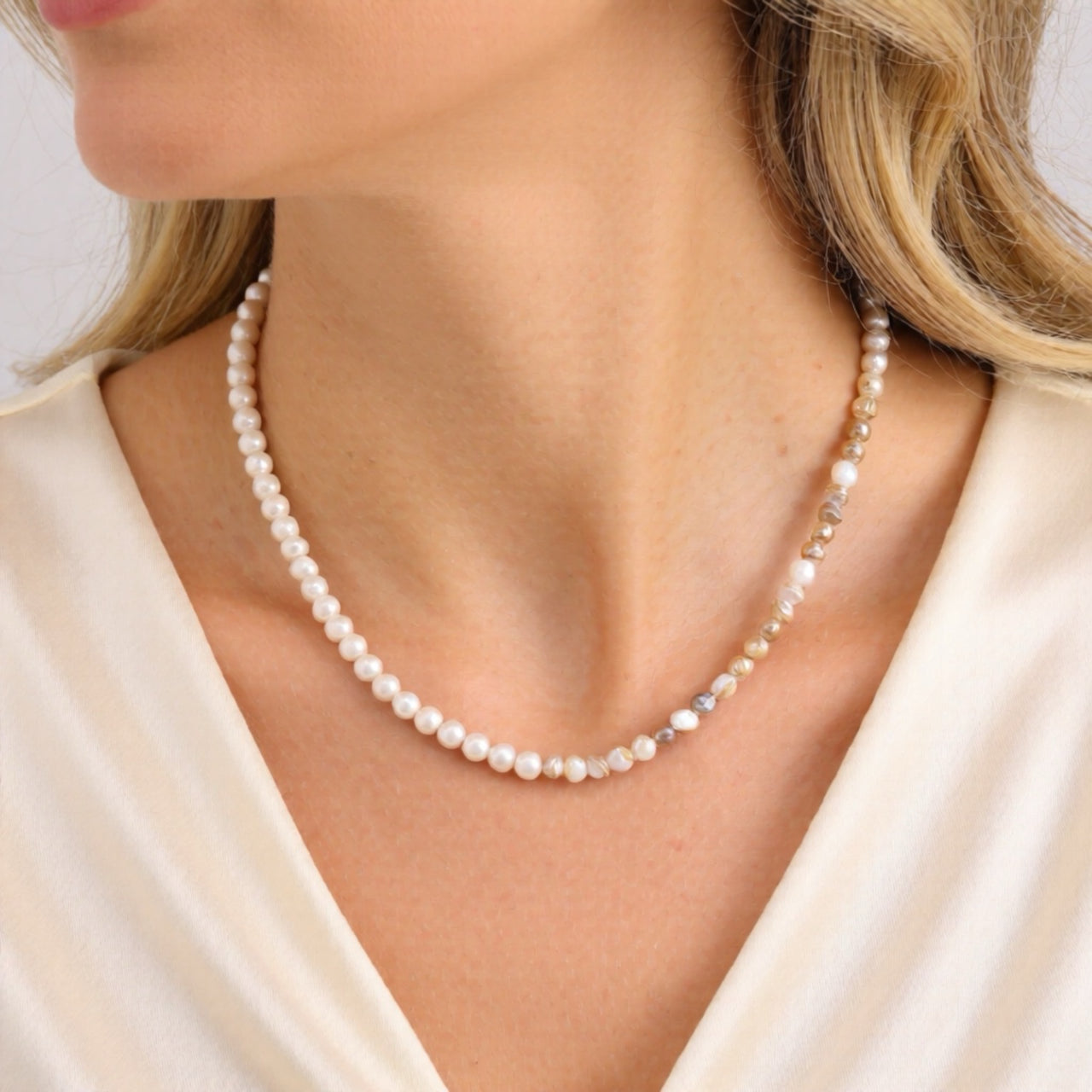 Mussel Mother of Pearl and Fossil Jasper Necklace: Beach Jewelry, Sterling Silver, 14k Gold Filled, Earth Tones