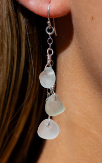 Aqua Blue Sea Glass 3 Charm Earrings