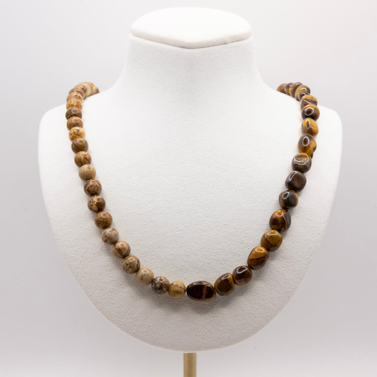 Tigers Eye and Brown Picture Jasper Necklace: Multicolor Beads, Gold Filled, Earth Tones