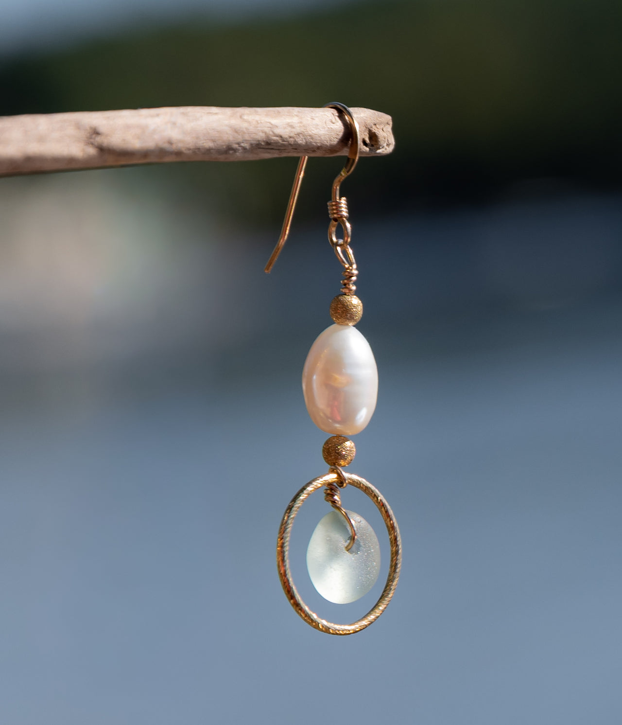 Aqua Blue Sea Glass + Baroque Pearl Circle Earrings