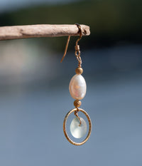 Aqua Blue Sea Glass + Baroque Pearl Circle Earrings