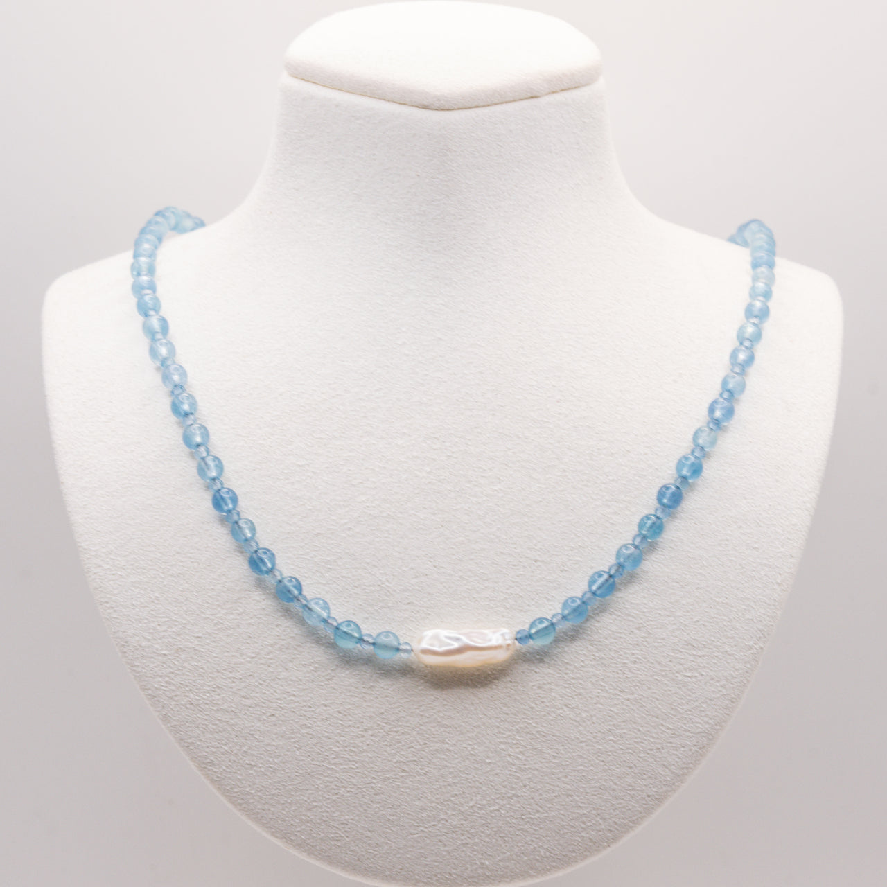 Aquamarine and Biwa Pearl Beaded Necklace:  Adjustable, Sterling Silver, Beach Jewelry, Grade A+ Aquamarine