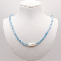 Aquamarine and Biwa Pearl Beaded Necklace:  Adjustable, Sterling Silver, Beach Jewelry, Grade A+ Aquamarine