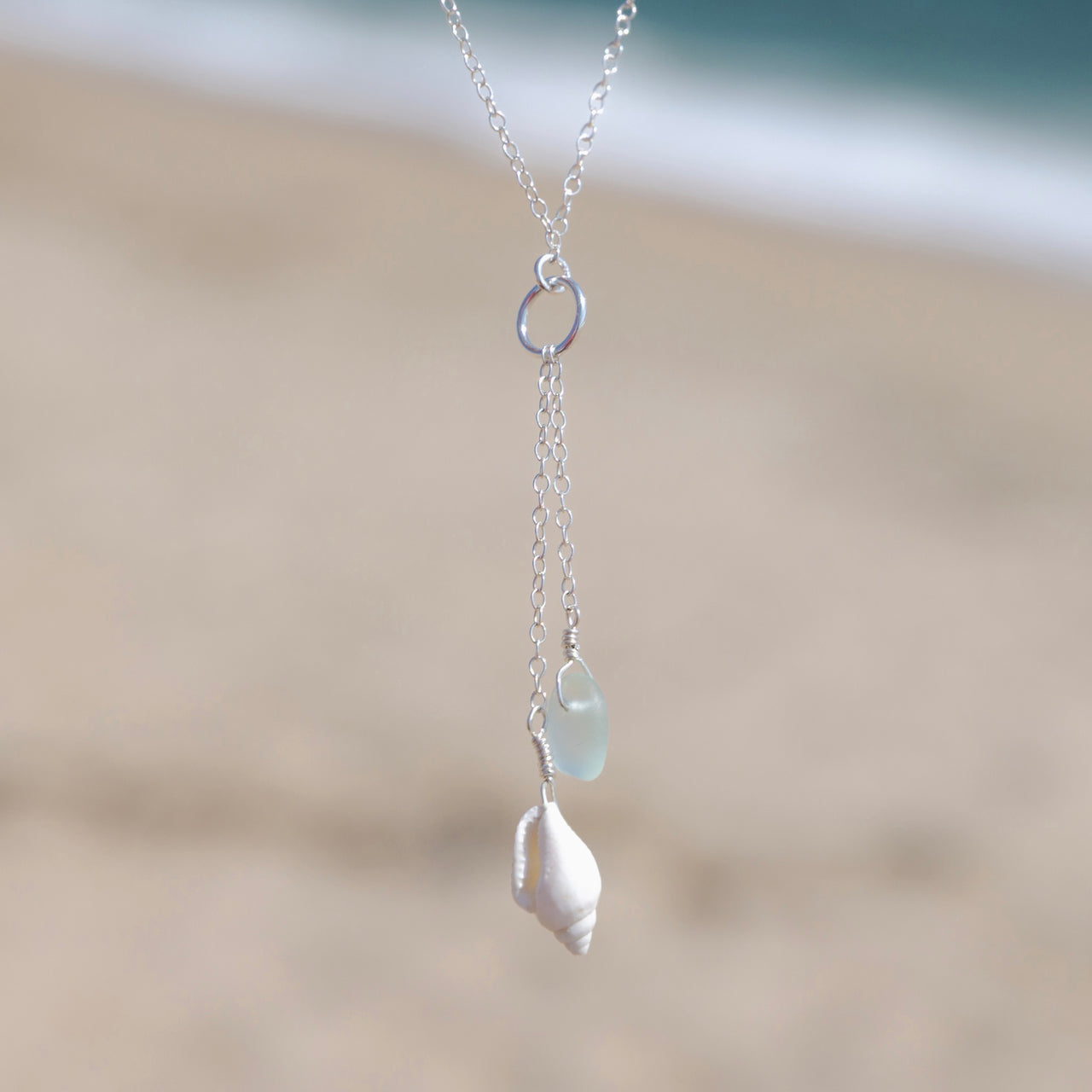 2 Charm Aqua Blue Sea Glass + Seashell Necklace
