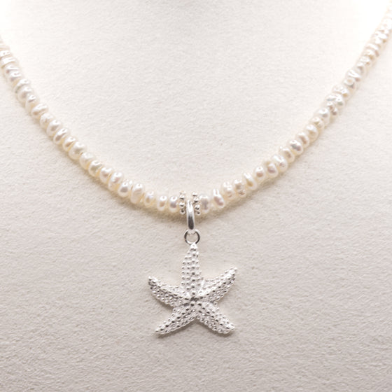 Starfish Pearl Necklace: Freshwater Seed Pearls, Sterling Silver Starfish, Lobster Clasp, Adjustable