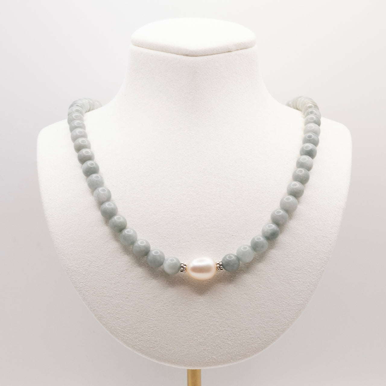 Burmese Jade  and Baroque Pearl Beaded Necklace: Sterling Silver, Lobster Clasp, Adjustable Chain