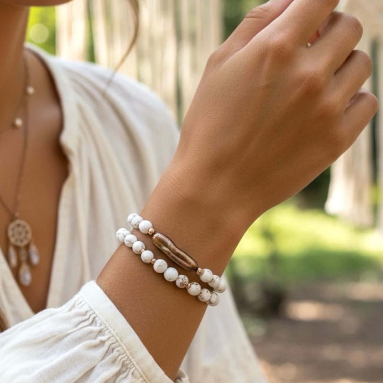 14k Rose Gold Filled, White Hematite and Mocha Biwa Pearl Beaded Boho Style Stacking Bracelet Set