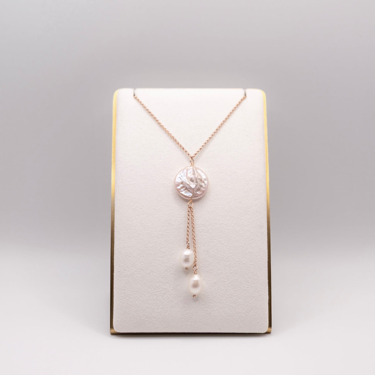 Creamy White Baroque and Rose Coin Pearl Lariat Necklace