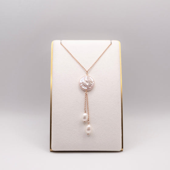 Creamy White Baroque and Rose Coin Pearl Lariat Necklace
