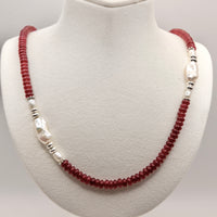 Red Garnet Jade and Pearl Beaded Necklace: Sterling Silver, Lobster Clasp, Adjustable Chain