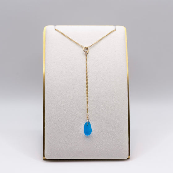 Dainty Turquoise Blue Lariat Style Sea Glass Necklace