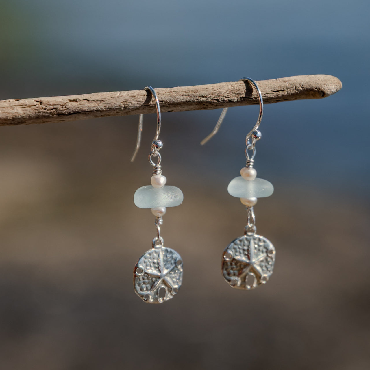 Sterling Silver Dainty Aqua Blue Sea Glass + Mini Baroque Pearl Sand Dollar Earrings