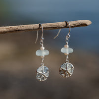Sterling Silver Dainty Aqua Blue Sea Glass + Mini Baroque Pearl Sand Dollar Earrings