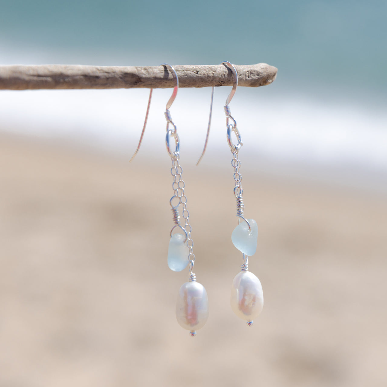 Aqua Blue Sea Glass + Baroque Pearl Dangle Earrings