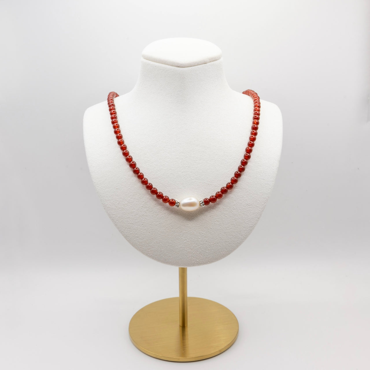 Carnelien and Baroque Pearl Beaded Necklace: Sterling Silver, Lobster Clasp, Adjustable Chain