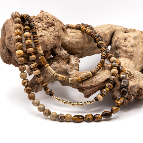 Tigers Eye and Brown Picture Jasper Necklace Set: Multicolor Beads, Gold Filled, Earth Tones