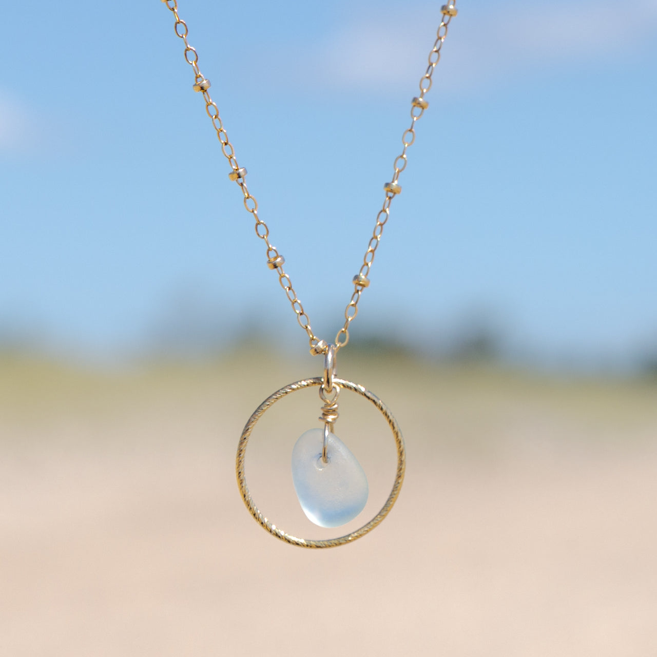 Aqua Blue Sea Glass Circle Necklace