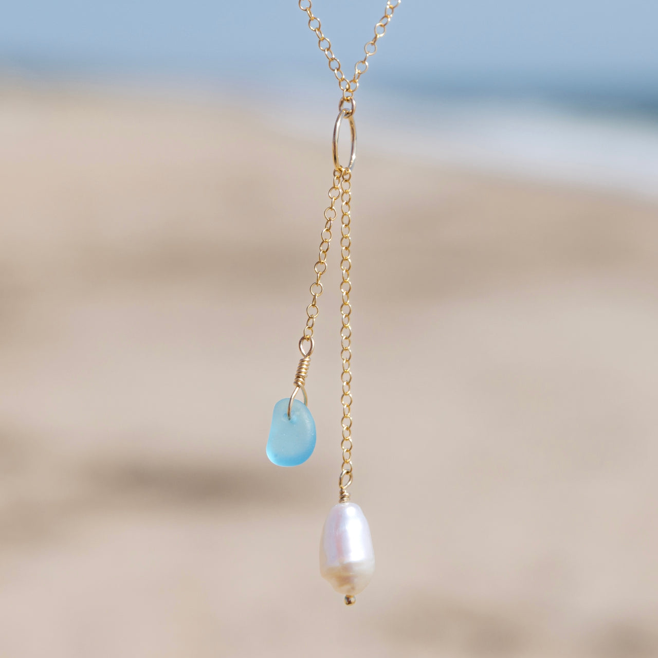 Teal Blue Sea Glass + Baroque Pearl Circle Drop Necklace