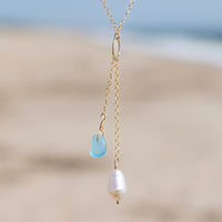 Teal Blue Sea Glass + Baroque Pearl Circle Drop Necklace