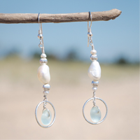 Aqua Blue Sea Glass + Baroque Pearl Circle Earrings