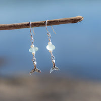 Sterling Silver Dainty Aqua Blue Sea Glass + Mini Baroque Pearl Whale Tail Earrings