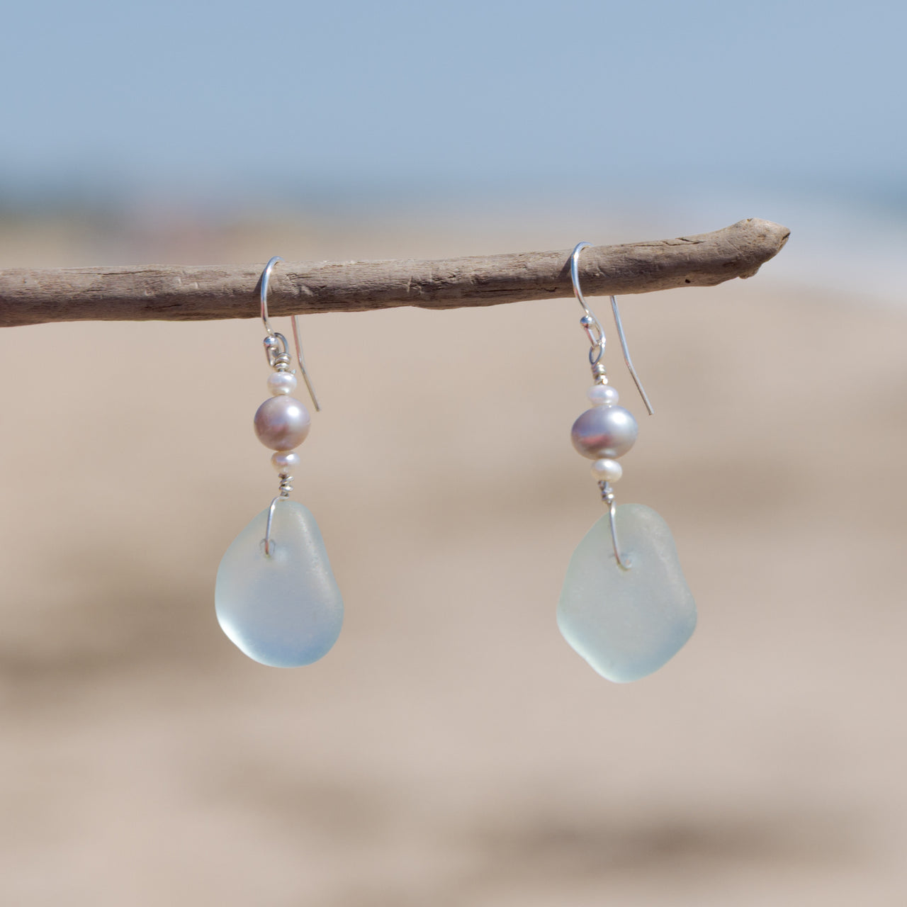 Aqua Blue Sea Glass + Freshwater Pearl Earrings