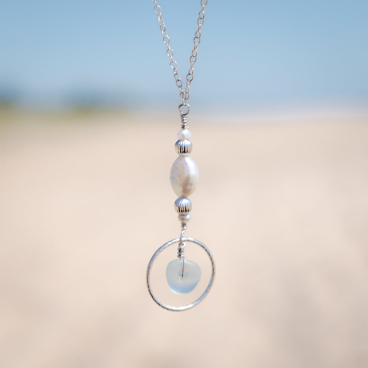 Aqua Blue Sea Glass + Baroque Pearl Circle Necklace