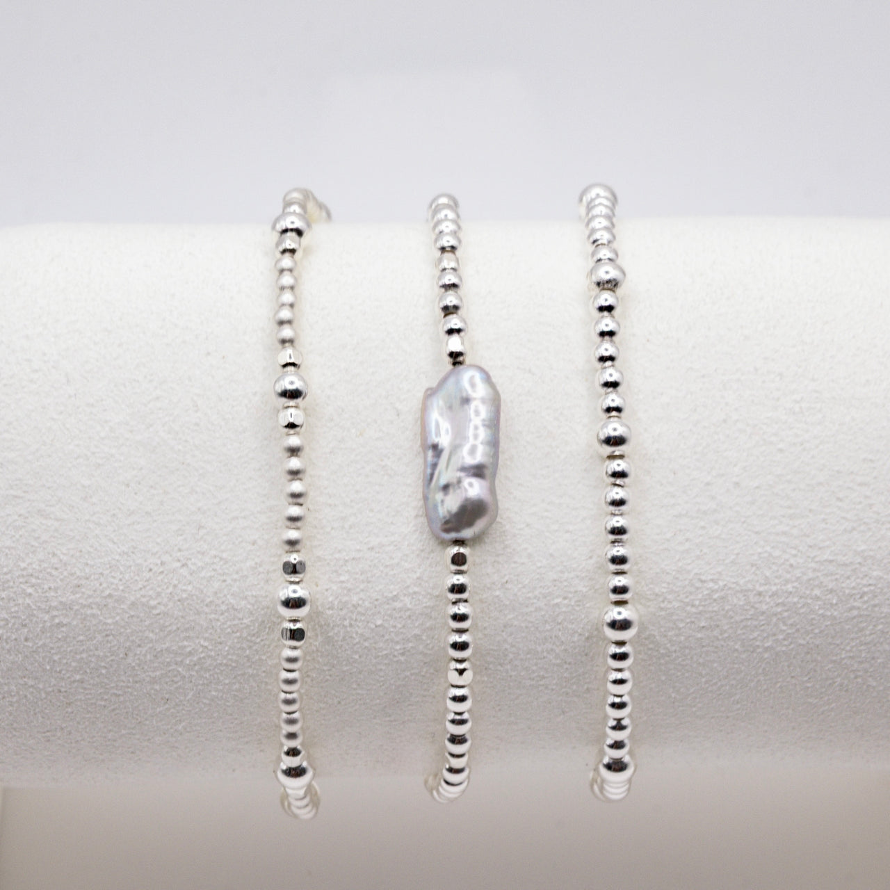 Sterling Silver Beads and Biwa Pearl Boho are Style Stacking Bracelets (set of three bracelets)