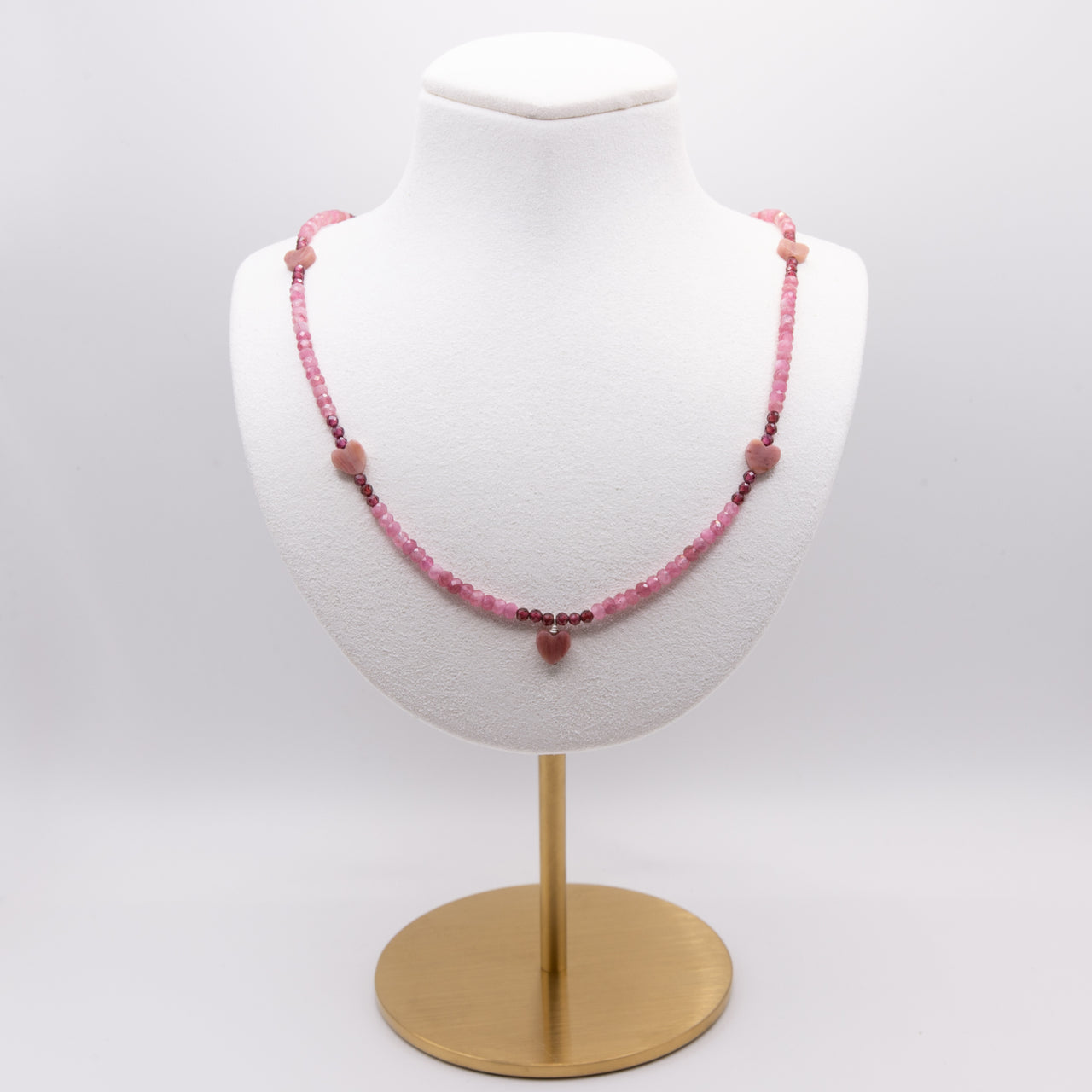 Pink Tourmaline and Garnet Necklace: Grade A Pink Tourmaline, Garnet, Pink Rhodonite Heart Beads