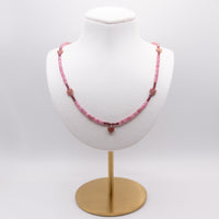 Pink Tourmaline and Garnet Necklace: Grade A Pink Tourmaline, Garnet, Pink Rhodonite Heart Beads