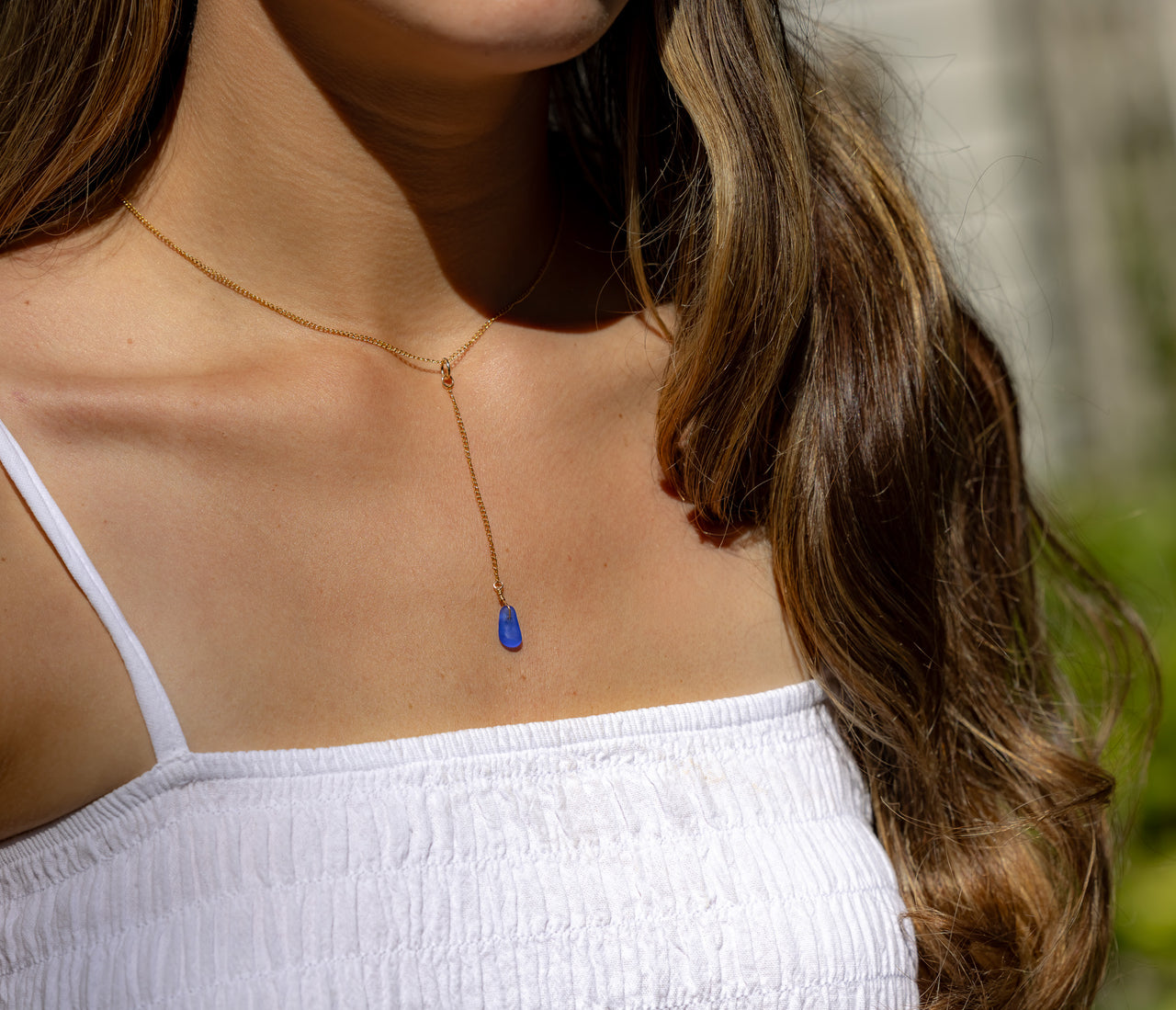 Dainty Cobalt Blue Lariat Style Sea Glass Necklace