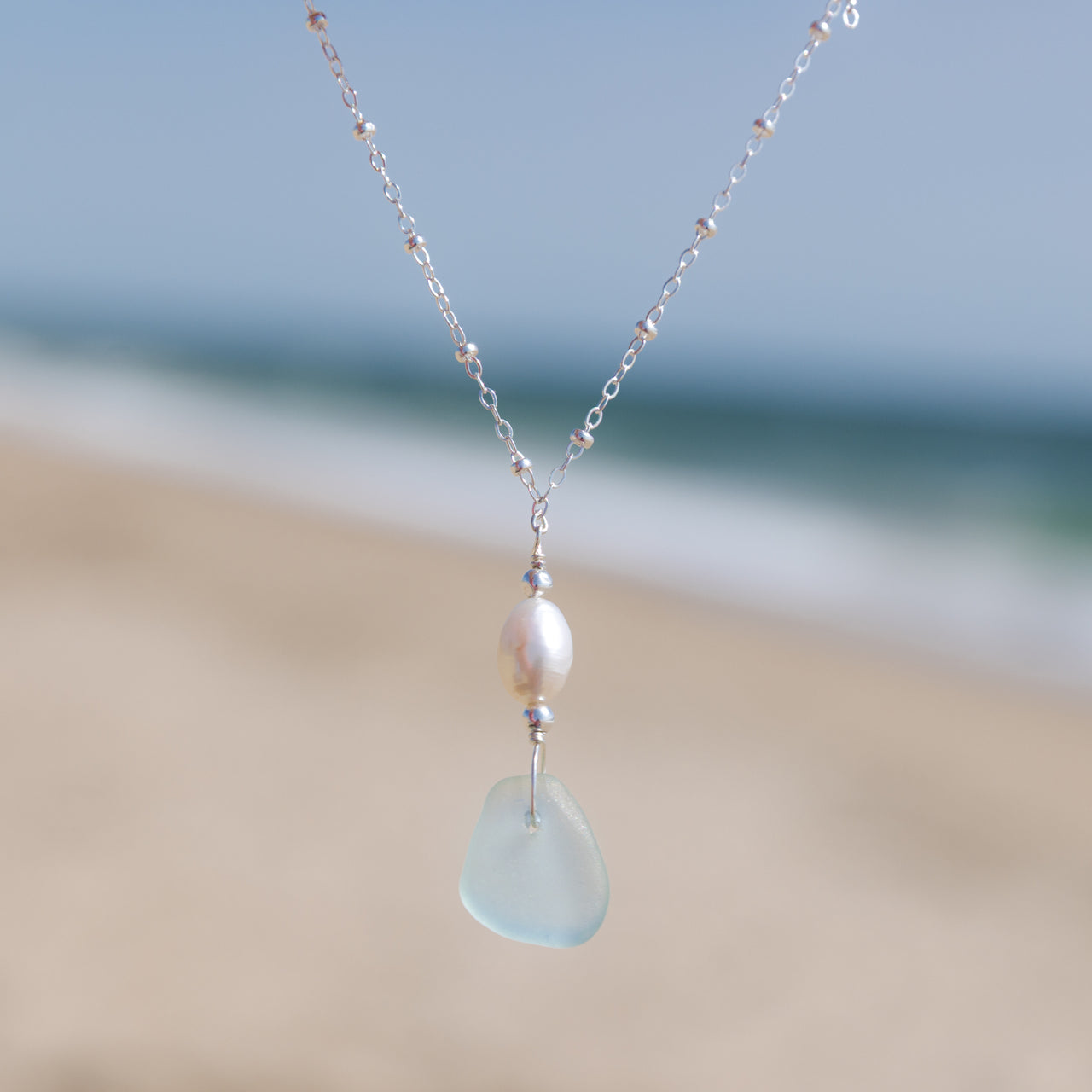 Aqua Blue Sea Glass + Baroque Pearl Necklace