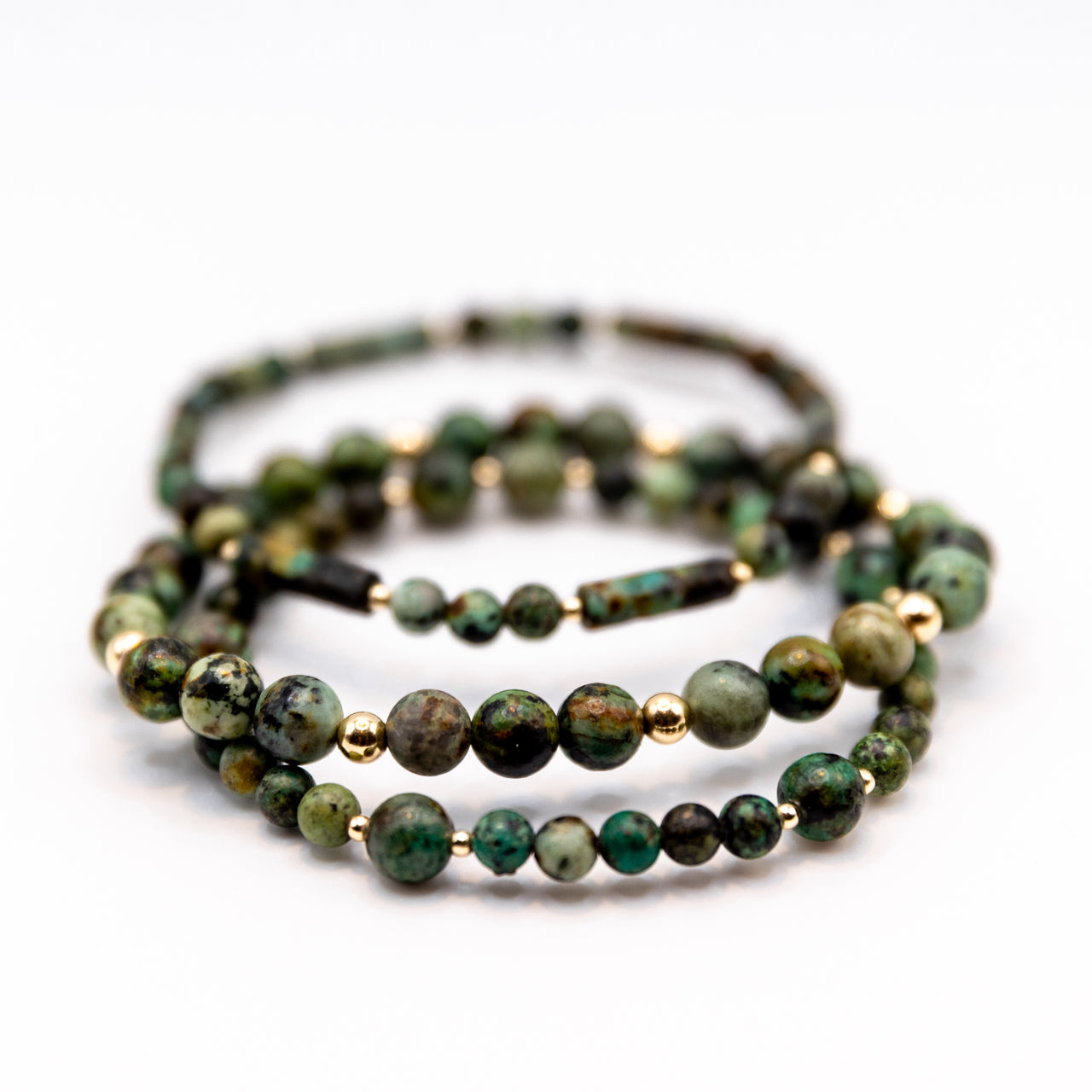 14k Gold Filled and African Turquoise Beaded Boho Style Stacking Bracelets (set of three bracelets)