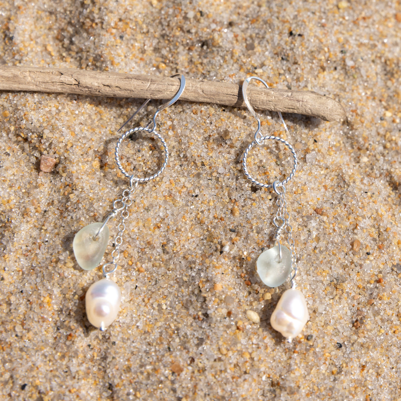 Aqua Blue Sea Glass + Baroque Pearl Circle Dangle Earrings