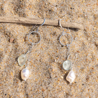 Aqua Blue Sea Glass + Baroque Pearl Circle Dangle Earrings