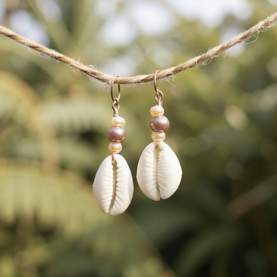 Cowrie Seashell + Pearl Earrings