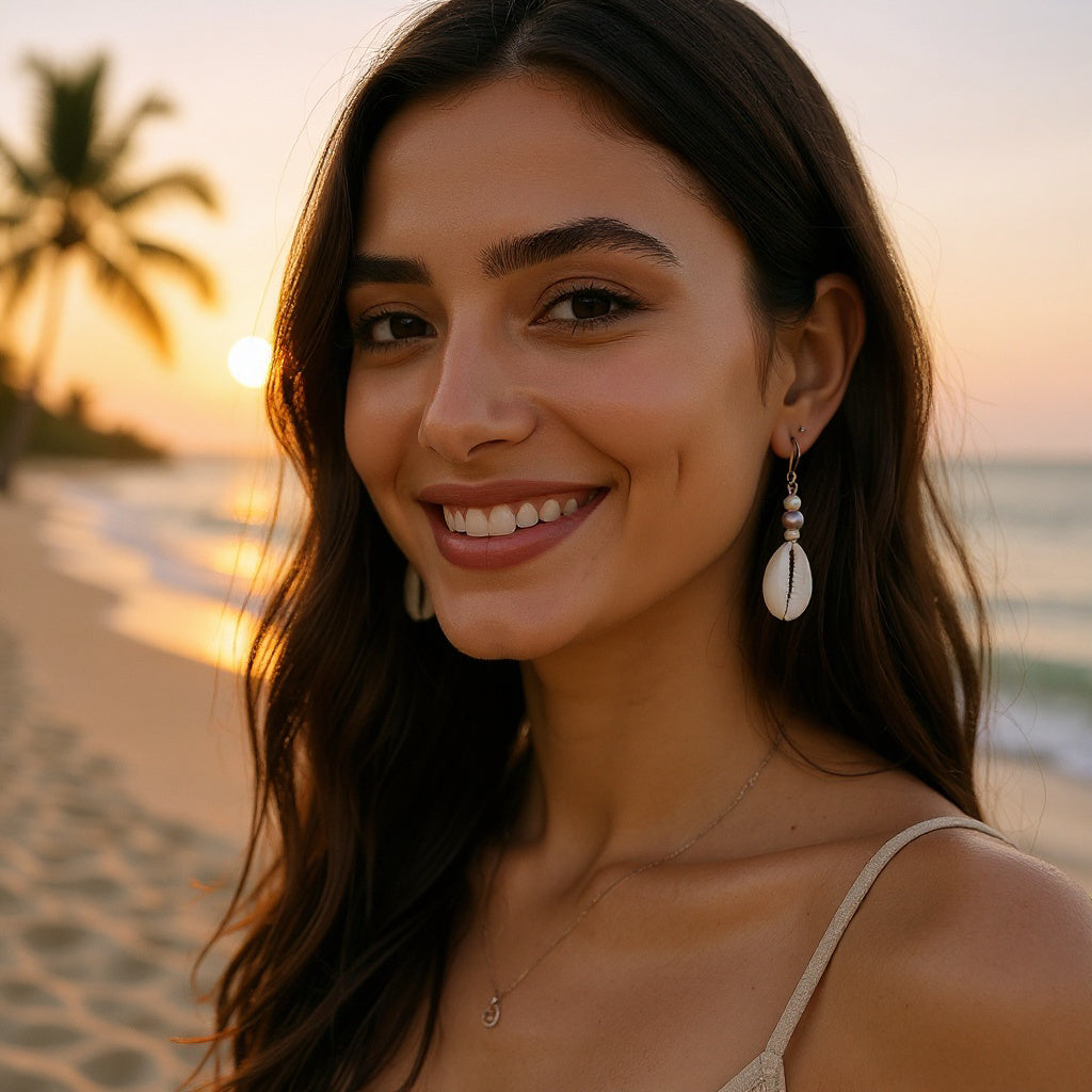 Cowrie Seashell + Pearl Earrings