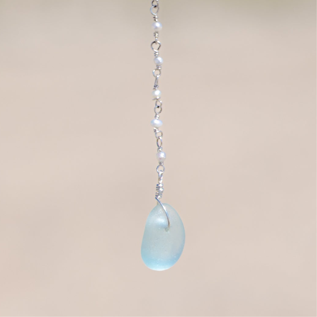 Sterling Silver Aqua Blue Sea Glass + Pearl Drop Necklace
