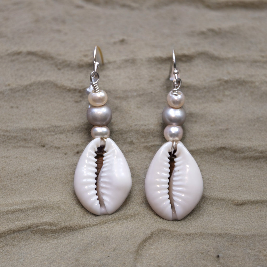 Cowrie Seashell + Pearl Earrings