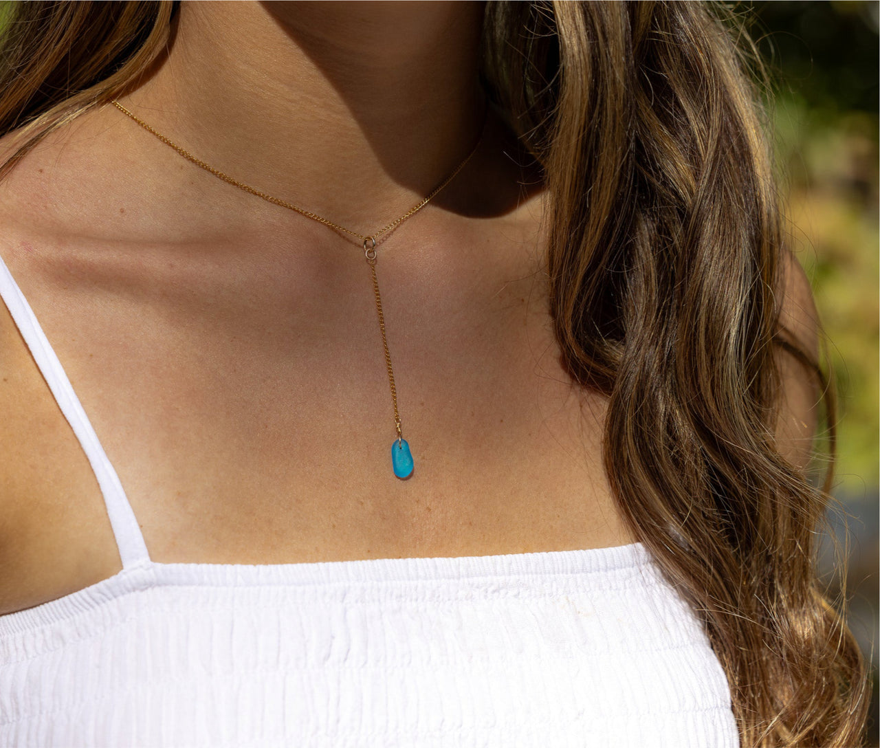Dainty Turquoise Blue Lariat Style Sea Glass Necklace