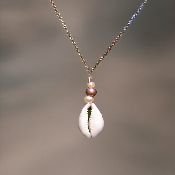 14k Rose Gold Filled Cowrie Shell + Pearl Necklace