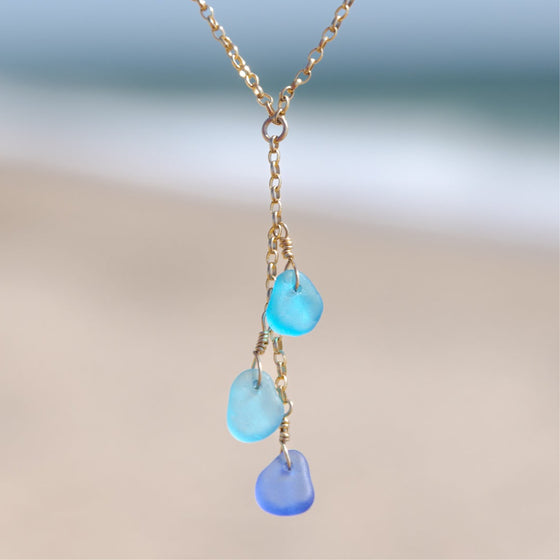 3 Charm Multicolor Turquoise Blue, Teal Blue + Purple Blue Sea Glass Necklace
