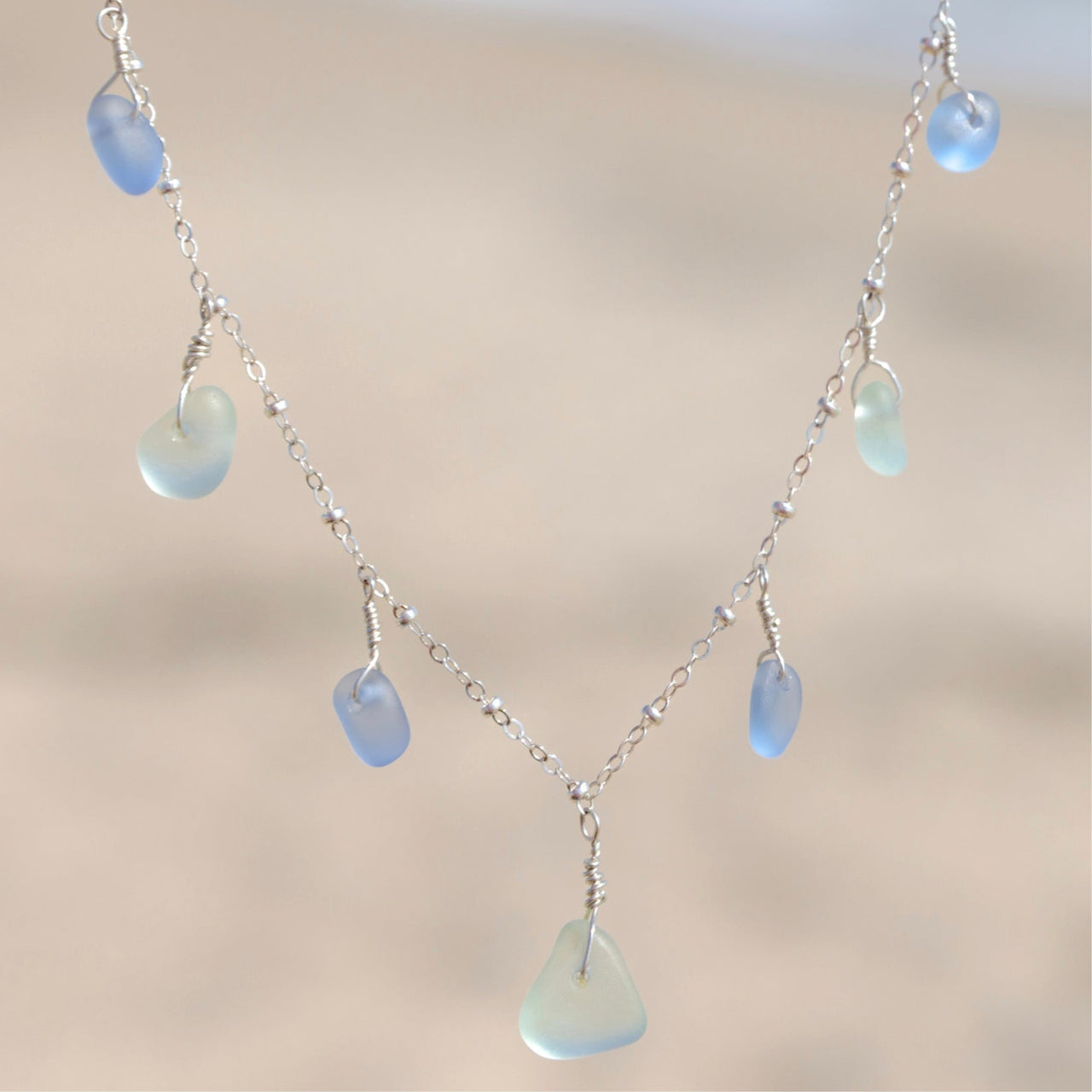 7 Charm Aqua Blue and Cornflower Blue Sea Glass Necklace