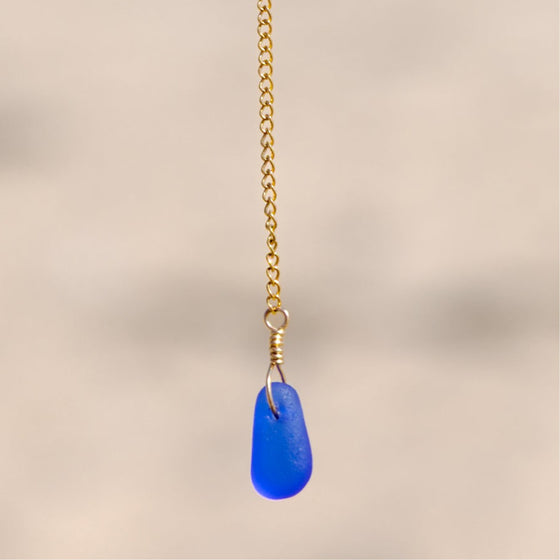 Dainty Cobalt Blue Lariat Style Sea Glass Necklace